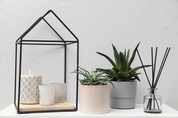 Shelf with beautiful houseplants and stylish interior accessories on white wall