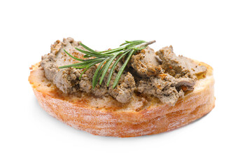Slice of bread with delicious pate and rosemary isolated on white