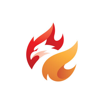 Negative space bird head, fire flame logo design. Modern gradient phoenix firebird vector icon