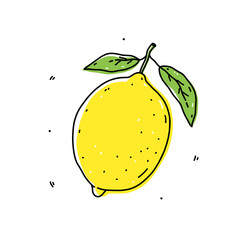Yellow lemon isolated on white background. Fresh citrus fruit. Vector hand-drawn illustration in doodle style. Perfect for cards, logo, decorations, recipes, various designs.