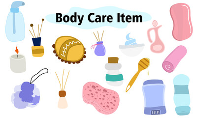 A large set of items for the bathroom and shower. Face and body care. Scents for the home. Vector illustration in color design on a white background.