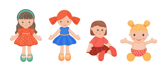 Dolls. Collection of dolls. Children s toys set, dolls in dresses. Vector illustration