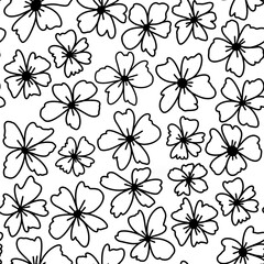 Seamless hand drawn pattern with black and white flowers floral botanical elements, leaves leaf branch blossom. Minimalist monochrome daisy rose peony plants on white background, for textile wallpaper