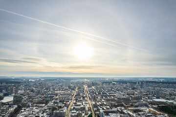 Yekaterinburg aerial panoramic view at Winter in cloudy day. Ekaterinburg is the fourth largest city in Russia located in the Eurasian continent on the border of Europe and Asia.