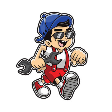 Mechanic repair boy mascot cartoon illustration premium vector