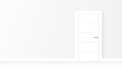 Empty white room with wooden door and frame, floor cornice. Modern interior illustration.