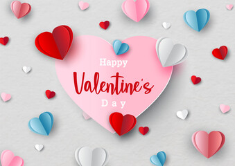 Valentine day's greeting card and colorful harts in paper cut style with "Happy Valentine's Day" wording on big pink heart and  white paper pattern background.