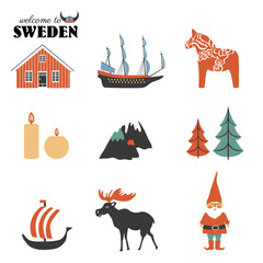 Obraz premium Swedish vector traditional symbols, Vasa Sailer, Tomtar elf, Dalecarlica horse, Dalarna horse, red house, candles, viking helmet, elk, mountains isolated on white, decorative set travel icons flat