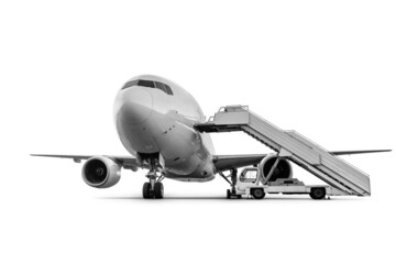 Wide body passenger jet plane with staircase isolated on white background