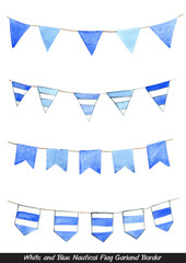 Obraz premium White and Blue nautucal flag garland watercolor border for decoration on coastal decorative and nautical concept.