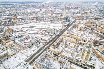Yekaterinburg aerial panoramic view at Winter in cloudy day. Chelyuskintsev street and Railway Road Management building.