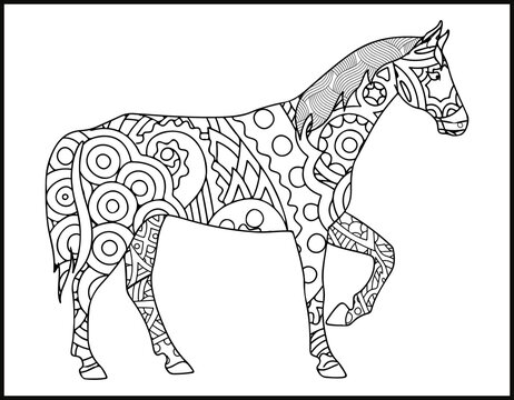 A coloring page of mustang horse.  stylized hand-drawn Head horse coloring page for adults vector illustration