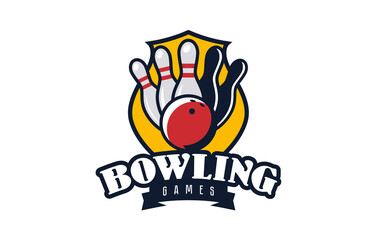 Bowling logo, emblem. Colorful emblem of bowling ball and skittles on the background of the shield. Sports games, match, team logo template. Badge, icon, ball, pin. Isolated vector illustration