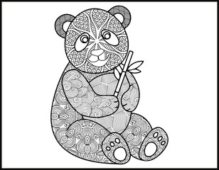 Hand-drawn Coloring pages with panda,  Hand drawn doodle, zentangle, floral design elements for coloring book.