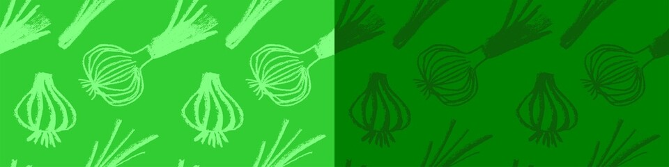 Vector onion pattern seamless. Green shallot illustration. Vegan restaurant ornament, vegetarian backdrop. Homemade cooking background. Vegetable wallpaper of food label or banner. Bulb onion drawings