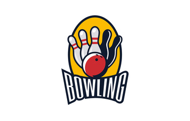 Bowling logo, emblem. Colorful emblem of bowling ball and skittles on the background of the shield. Sports club, team logo template. Badge, icon, ball, sphere, pin. Isolated vector illustration
