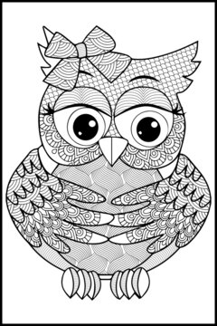 Decorative owl vector graphic, adult coloring page mandala, a tattoo with doodle, zentangle, floral design elements.