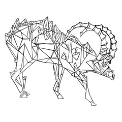 Stylized animal, goat, geometric stylization. Hand drawn vector illustration, ink pen drawing, black and white, isolated on white background. For design projects, coloring books, cards, posters
