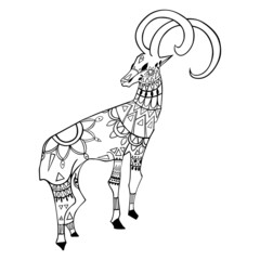Stylized animal, goat. Hand drawn vector illustration, ink pen drawing, black and white, isolated on white background. For design projects, coloring books, cards, posters