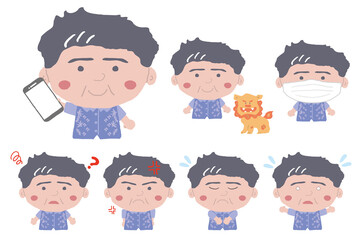 沖縄のかりゆしウェアを着た中年男性がいろいろなポーズをしている