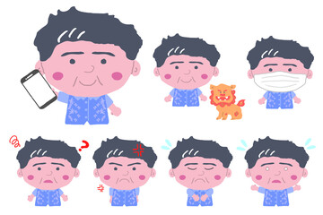 沖縄のかりゆしウェアを着た中年男性がいろいろなポーズをしている