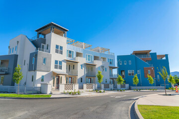 Residential buildings at the side of the road at Daybreak, South Jordan, Utah