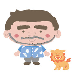 沖縄のかりゆしウェアを着た中年男性とシーサー