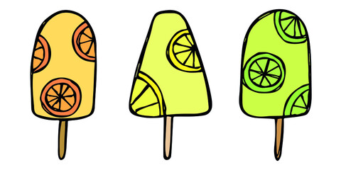 Vector set of hand drawn ice cream illustration isolated on white backgrounds. Cute colorful dessert clipart. For print, web, design, decor, logo.