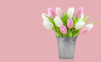 Fresh  tulips bouquet in the bucket. Isolated on pink background