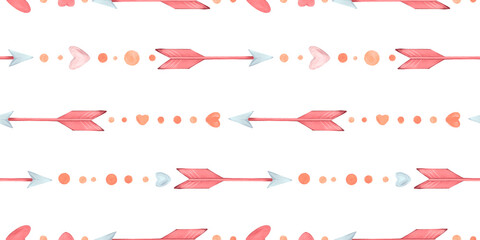 Watercolor hand drawn romantic Valentine's Day seamless pattern with horizontal lines illustration of cute arrows, hearts, doodles, dots in cartoon flat style isolated on white background.