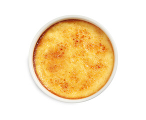 Delicious creme brulee in ceramic ramekin isolated on white, top view