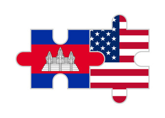 puzzle pieces of cambodia and usa flags. vector illustration isolated on white background
