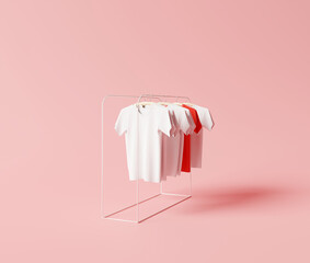 T-Shirts with clothes rack on pastel pink background. Minimal idea concept. 3d rendering