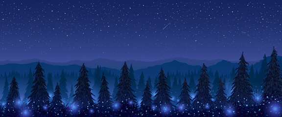 Fir mountain forest with glowing fireflies at starry night. Vector illustration.