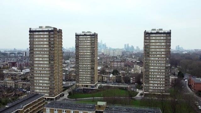 Drone shot London high rise council estate near Stratford and Hackney