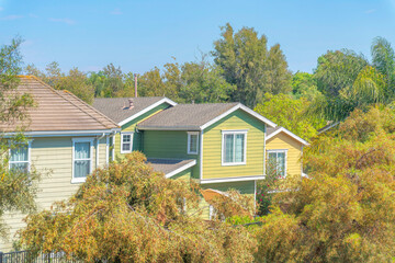 Fototapeta na wymiar High angle view of two houses with green wood vinyl lap sidings in Ladera Ranch, California