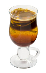 Coffee cocktail with liqueur, lemon and cinnamon
