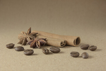 Fototapeta na wymiar Coffee beans with cinnamon and star anise for cafe decoration, signs in a coffee shop, soft brown background
