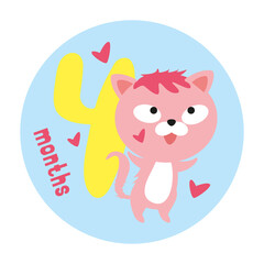 Obraz premium Baby sticker icon with cute cat animal four months old baby. Vector illustration in cartoon scandinavian style with number 4. Illustration for printing.