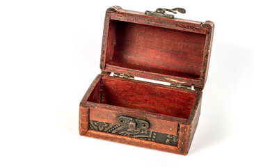 Open wooden box on a white background.