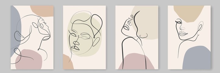 Abstract Line Art Minimalistic Women Faces Set for Wall Decor, Prints, Posters, Postcard or Brochure, Cover Design, Social Media. Different Female Faces Set. Woman Head One Line Art. Vector EPS 10