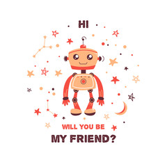 Cute children's vector illustration. Space and the universe, astronaut, constellations and planets, alien robot
