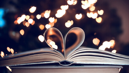 Paper book in the shape of a heart 
 on a bokeh background. valentine's day. love symbol