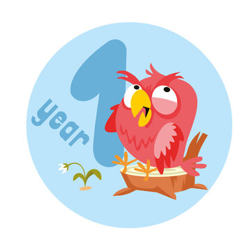 Baby sticker icon with cute bird owl for one year old baby. Vector illustration in cartoon scandinavian style with number 1. Illustration for printing.