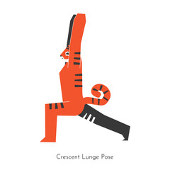 Vector isolated concept with cartoon animal learning yoga practice with stretching - High Lunge Pose. Asian cute tiger does Crescent Variation. Geometric illustration with standing exercise