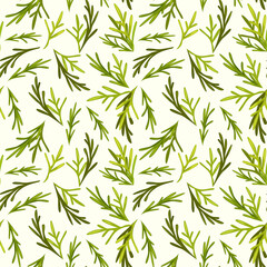 Seamless natural pattern, bright green leaves in cartoon style, light background, fabric