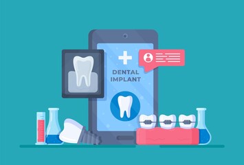 New dentistry. Concept of X-rays, braces installation, implants, root canal cleaning, Scaling, dentures. 