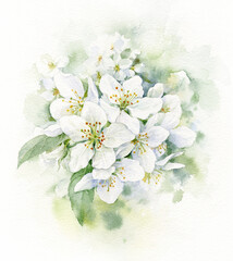 Delicate watercolor illustration. Apple blossoms on a watercolor blurred background.