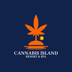 simple clean flat modern colorful and minimalist combination of cannabis island or cannabis tree and beach perfect for resort hotel spa or beach house with sunset background logo design inspiration