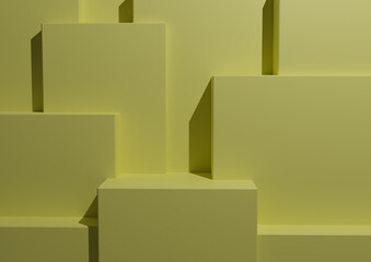 Minimal Light Pastel Yellow Background 3D Studio Mockup Scene with Podiums and Levels for Product Display and Presentation. Geometric Horizontal Architectural Wallpaper. 
